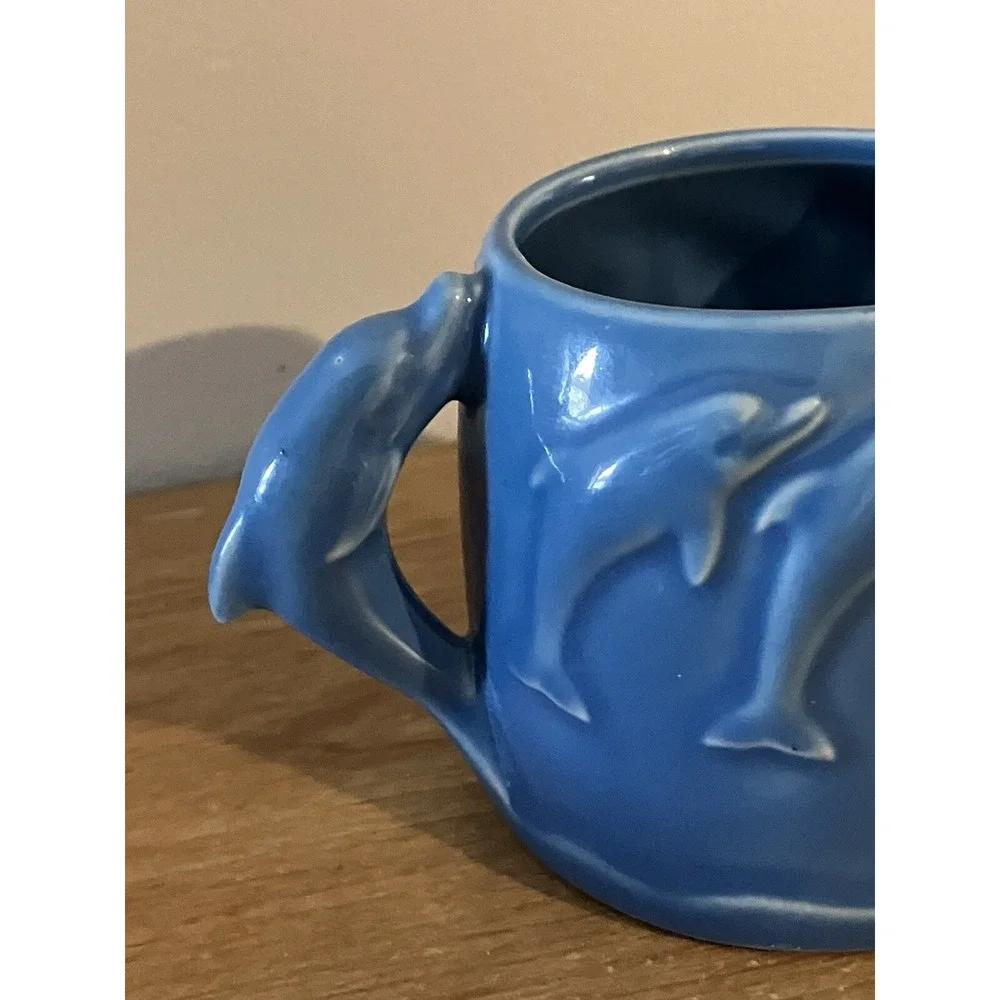 1974 Vintage Blue Sea World Ceramic Sugar Bowl with Dolphins -Japan
